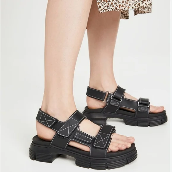 NWT GANNI Recycled Rubber Chunky Logo Platform Black Sandals Flatform Lugged - Picture 7 of 15